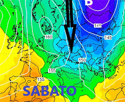 cartina isobarica cromata che mostra la discesa del nucleo freddo polare verso i Balcani