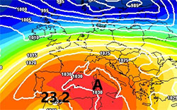 cartina cromata che mostra la spinta verso Nord dell'anticiclone nord-Africano