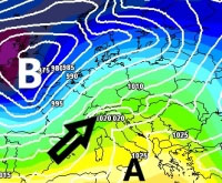 cartina cromatica che mostra l'area anticiclonica sul Mediterraneo occidentale e la discesa del nucleo freddo sull'Adriatico