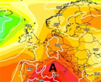 Cartina cromatica che mostra l'espansione verso l'Europa occidentale dell'anticiclone N-Africano 