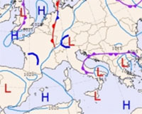 Cartina isobarica che mostra il transito del fronte temporalesco