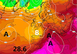 Cartina cromatica che mostra l'espansione verso l'Europa occidentale dell'anticiclone N-Africano 