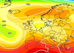 cartina cromatica che mostra l'area depressionaria in arrivo sulle regioni settentrionali