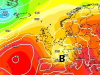 cartina cromatica che mostra l'area depressionaria atlantica in arrivo sulle regioni settentrionali