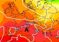 cartina cromatica che mostra la rimonta dell'anticiclone N-Africano verso l'Europa