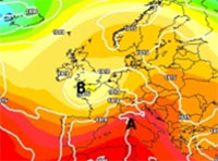 cartina cromatica che mostra l'area depressionaria atlantica in arrivo sulle regioni settentrionali