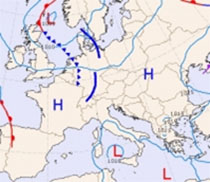 Cartina cromatica che mostra i fronti perturbati