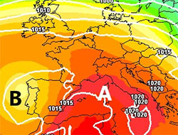 Cartina cromatica che mostra l'espansione verso l'Europa dell'anticiclone nord Africano