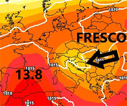 Cartina cromatica che mostra il flusso di aria fresca in arrivo dai Balcani