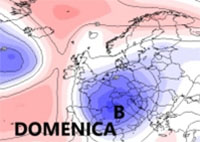 cartina cromatica che mostra il vortice freddo sulle regioni meridioanli della Penisola