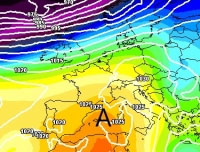 cartina cromatica che mostra la risalita verso il Mediterraneo e l'Europa occidentale dell'anticiclone sub-tropicale