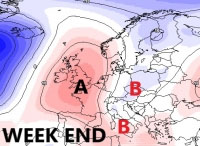 cartina cromatica che mostra il flusso di correnti orientali verso l'Italia a seguito della risalita verso le Isole Britanniche dell'anticiclone delle Azzorre