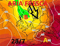 Cartina cromatica che mostra il flusso di correnti fresche atlantiche a seguito dell'ultima perturbazione