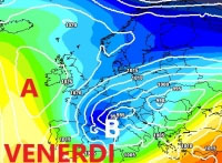 Cartina cromatica che mostra la discesa di aria fredda dalla Scadinavia con formazione di un vortice depressionario sul mar Ligure