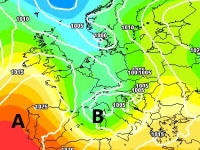 Cartina cromatica che mostra il vortice depressionario che dalle Isole Britanniche scende verso il mar Ligure