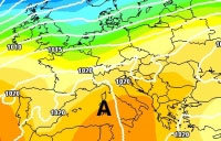 Cartina cromatica isobarica che mostra il promontorio anticiclonico che dal Mediterraneo risale verso l'Europa centrale