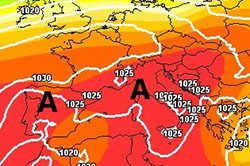 Cartina cromatica che mostra l'area anticiclonica sull'Italia ed Europa centroccidentale