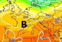 Cartina cromatica che mostra l'area depressionaria in arrivo dalla Francia con annessa perturbazione Atlamtica