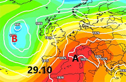 Cartina cromatica che mostra la terza espansione verso l'Europa centrale dell'anticiclone nord-Africano