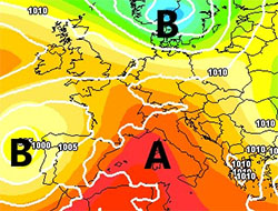 cartina cromatica che mostra il promontorio dell'anticiclone Nord-Africano