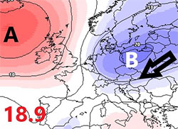 Cartina cromatica che mostra l'afflusso di aria fredda dal Nord Europa