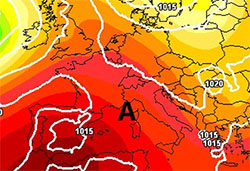 Cartina cromatica che mostra l'espansione verso Nord dell'anticiclone N-Africano