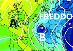 Cartina cromatica che mostra il primo nucleo freddo del mese in arrivo dal N-Europa