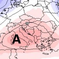 cartina cromatica isobarica che mostra l'area anticiclonica sul Mediterraneo 