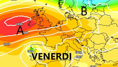 Cartina cromatica isobarica che visualizza l'anticiclone presente sulle Isole Britanniche