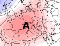 Cartina cromatica che mostra l'espansione dell'anticiclone N-Africano verso l'Europa centro-occidentale