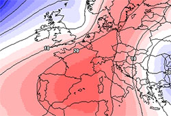 Cartina cromatica che mostra la risalita verso Nord dell'anticiclone nord-Africano