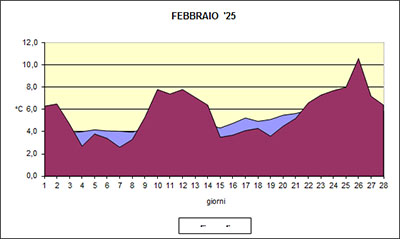Grafico delle temperature medie di Febbraio 2025